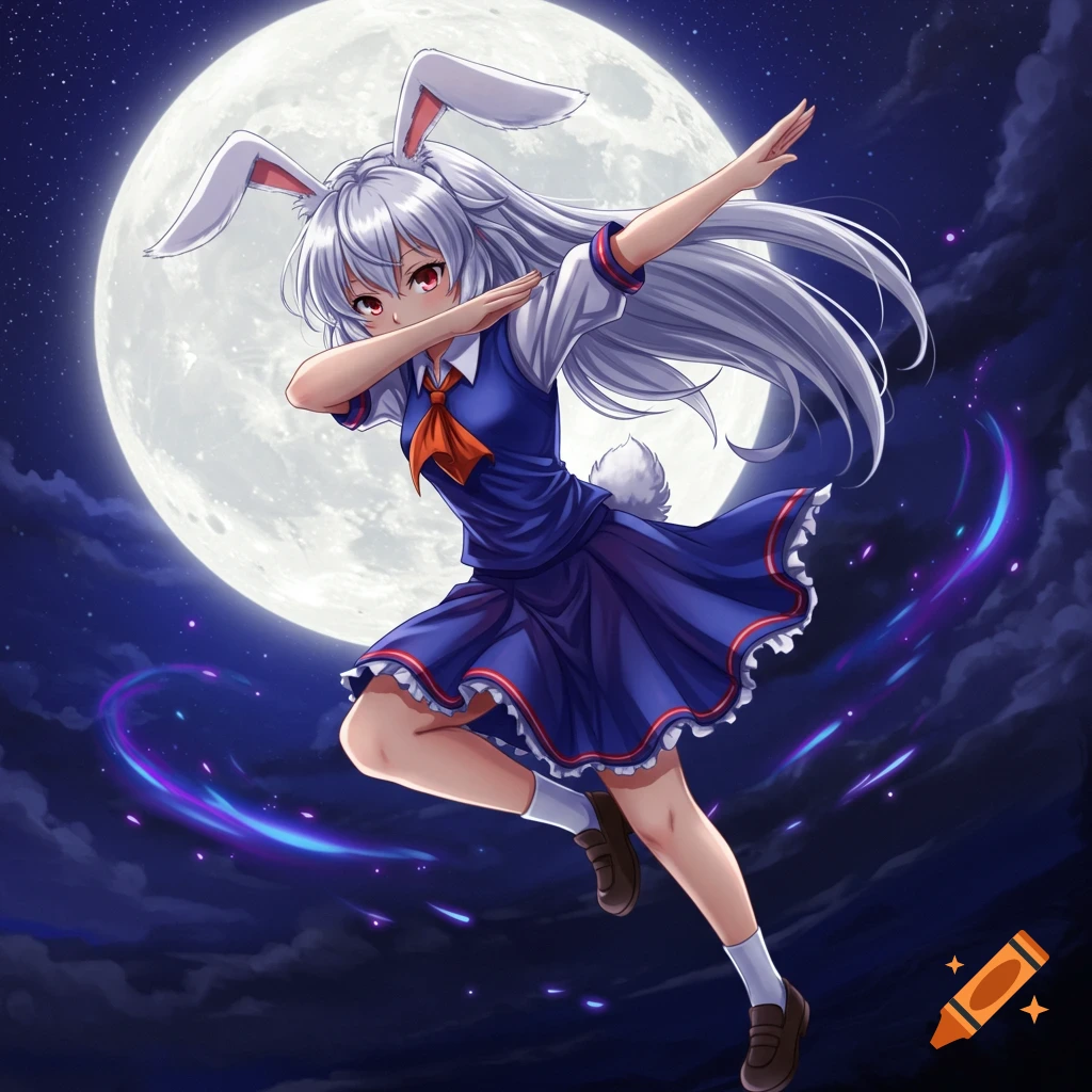 An anime character with white hair and bunny ears, dressed in a blue uniform, dabs in front of a large full moon at night.