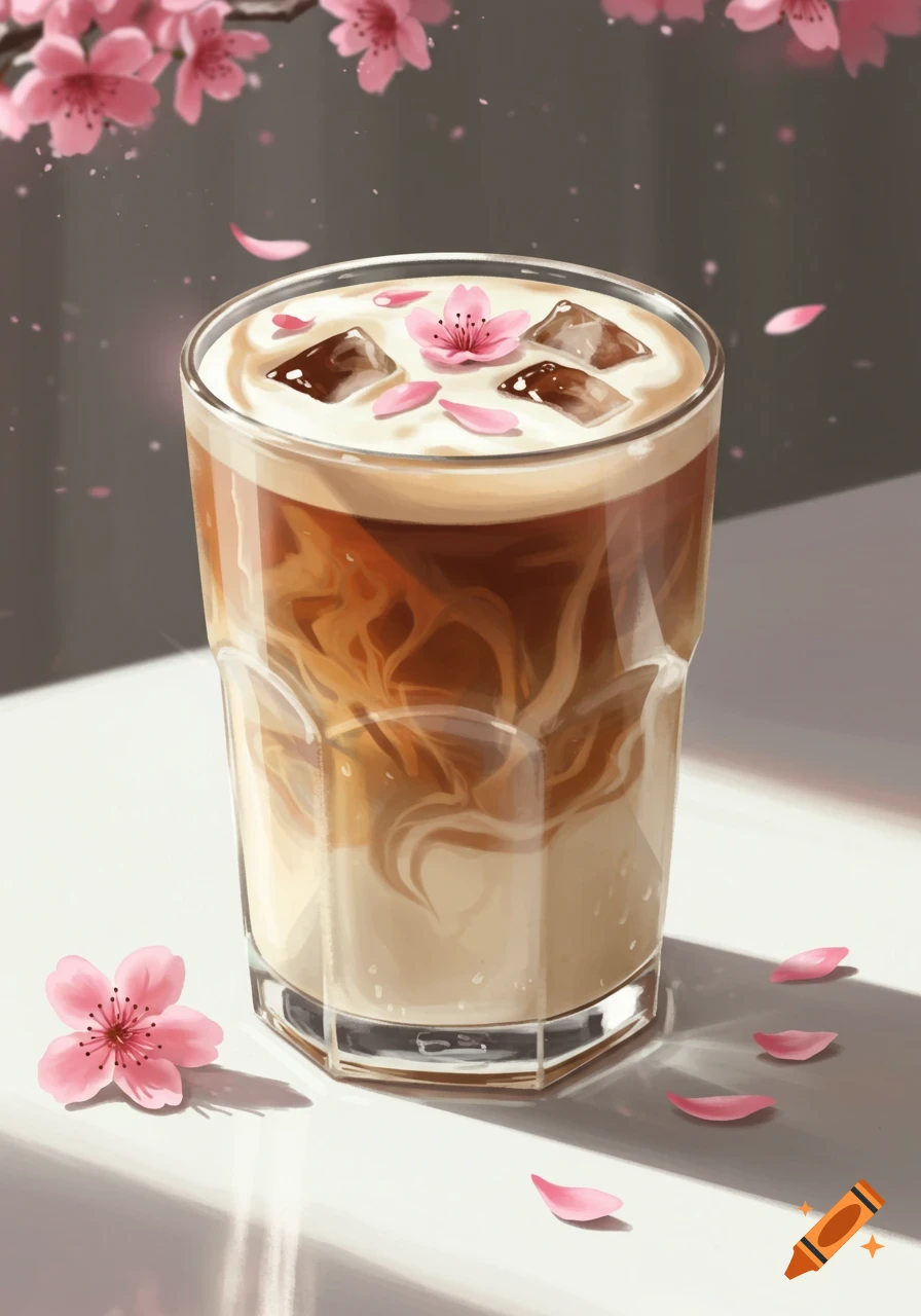 An artistic illustration of an iced latte in a glass, topped with a cherry blossom and pink petals, with more petals scattered on a sunlit surface.