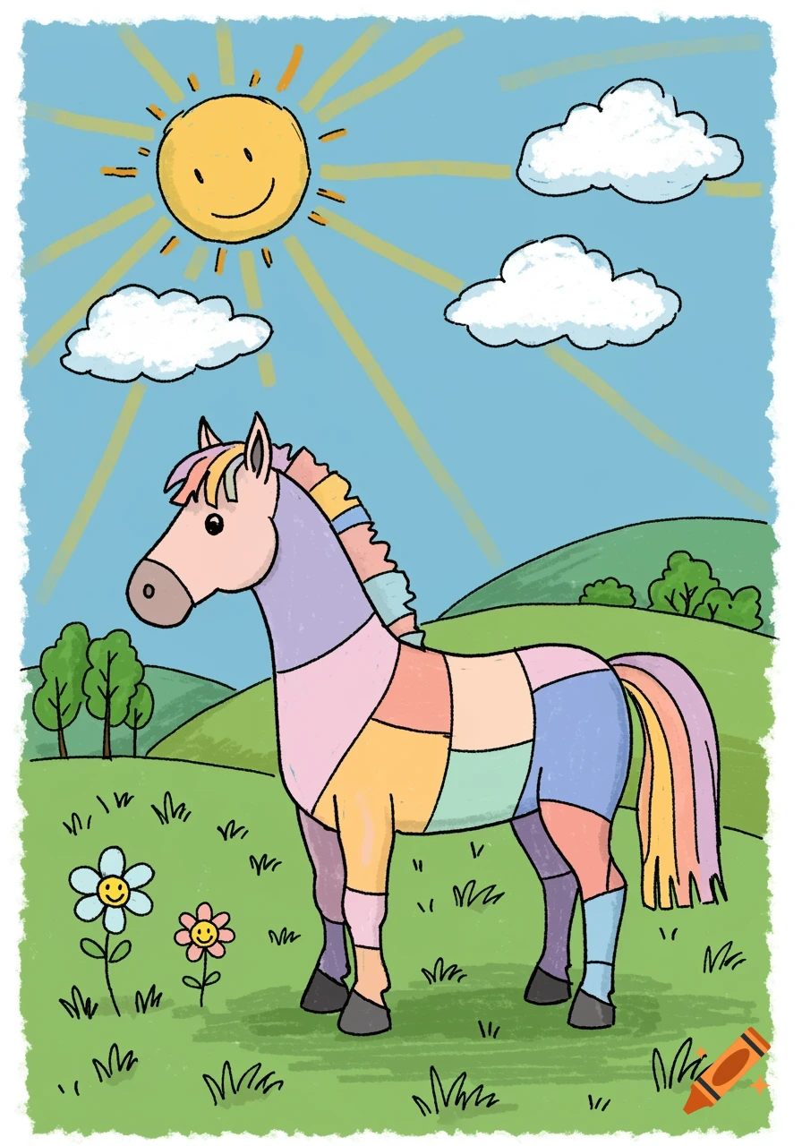A child's drawing of a patchwork horse in a field under a smiling sun.