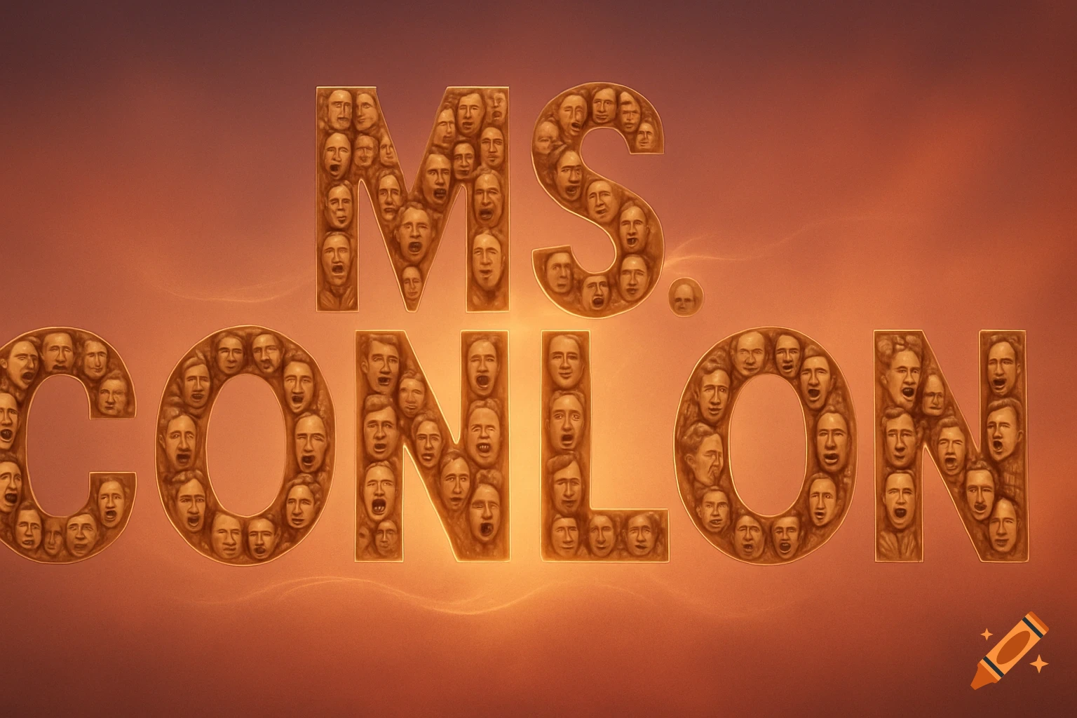 Large text "MS. CONLON" formed by a mosaic of many small, expressive human faces against a warm orange-brown gradient background.