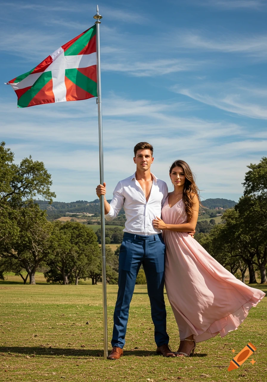A man in a white shirt and blue pants holding a Basque flag, standing next to a woman in a pink dress in a sunny field.