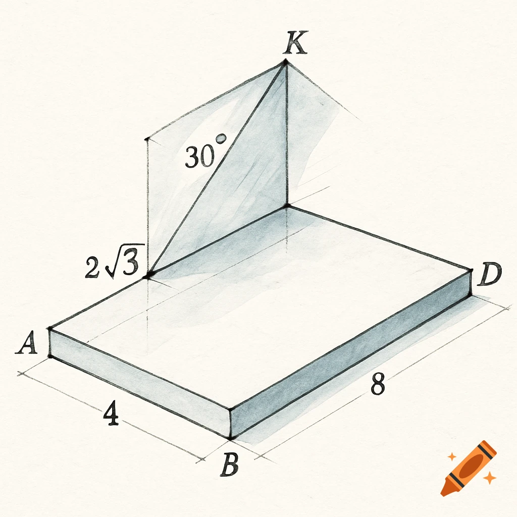A hand-drawn geometric diagram depicting a 3D shape with a rectangular base ABCD, a vertical plane, measurements 4, 8, 2"