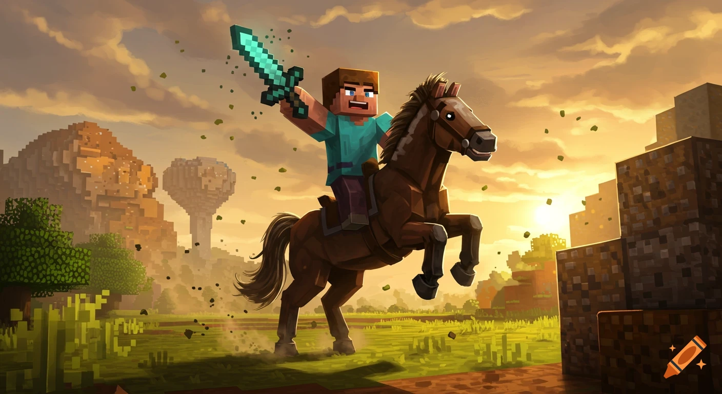 Minecraft Steve on a bucking horse, holding a glowing diamond sword in a blocky landscape at sunset.