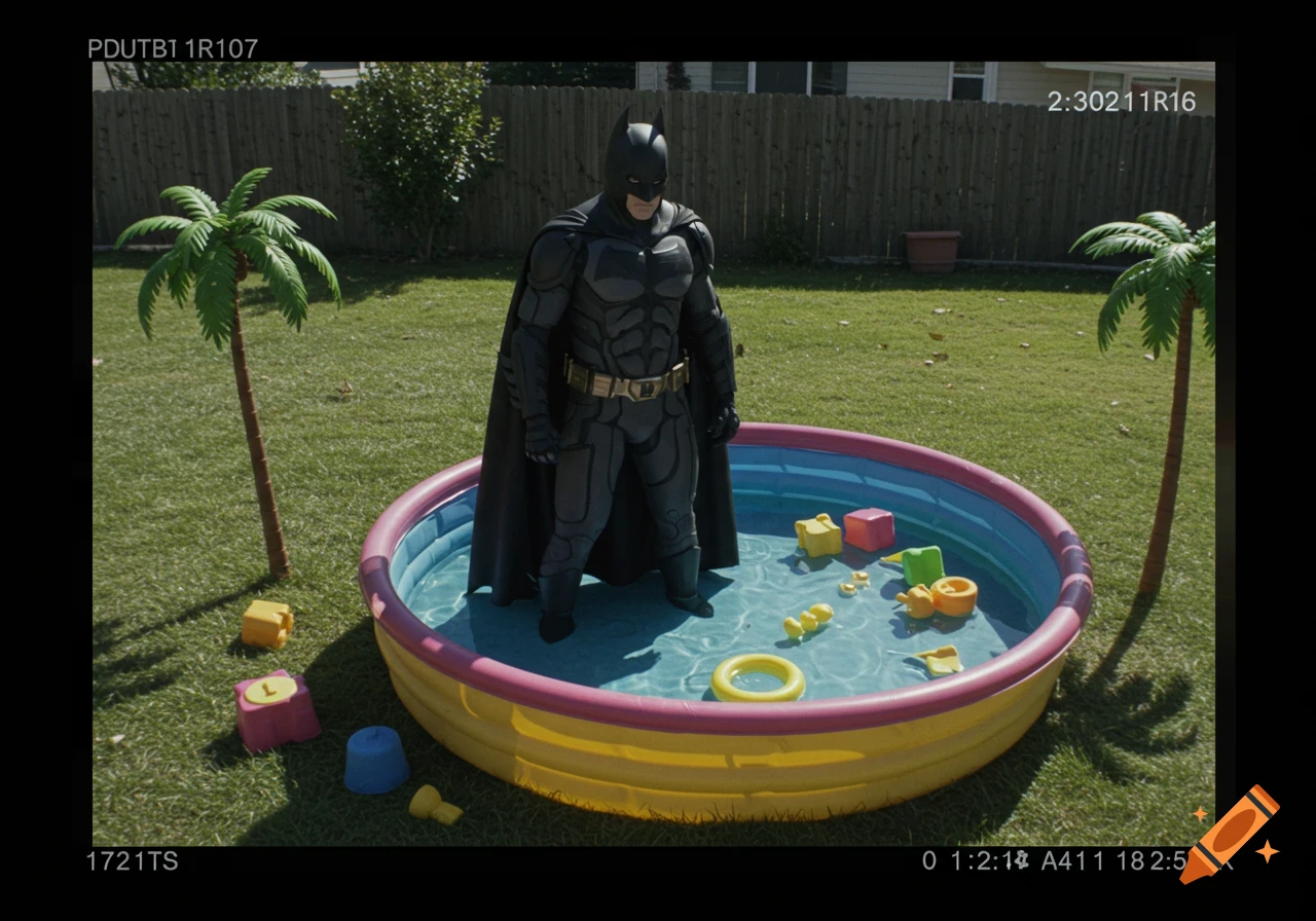 Photorealistic image of Batman standing in a small, inflatable kids' pool in a grassy backyard with plastic toys. The scene has a security footage overlay.