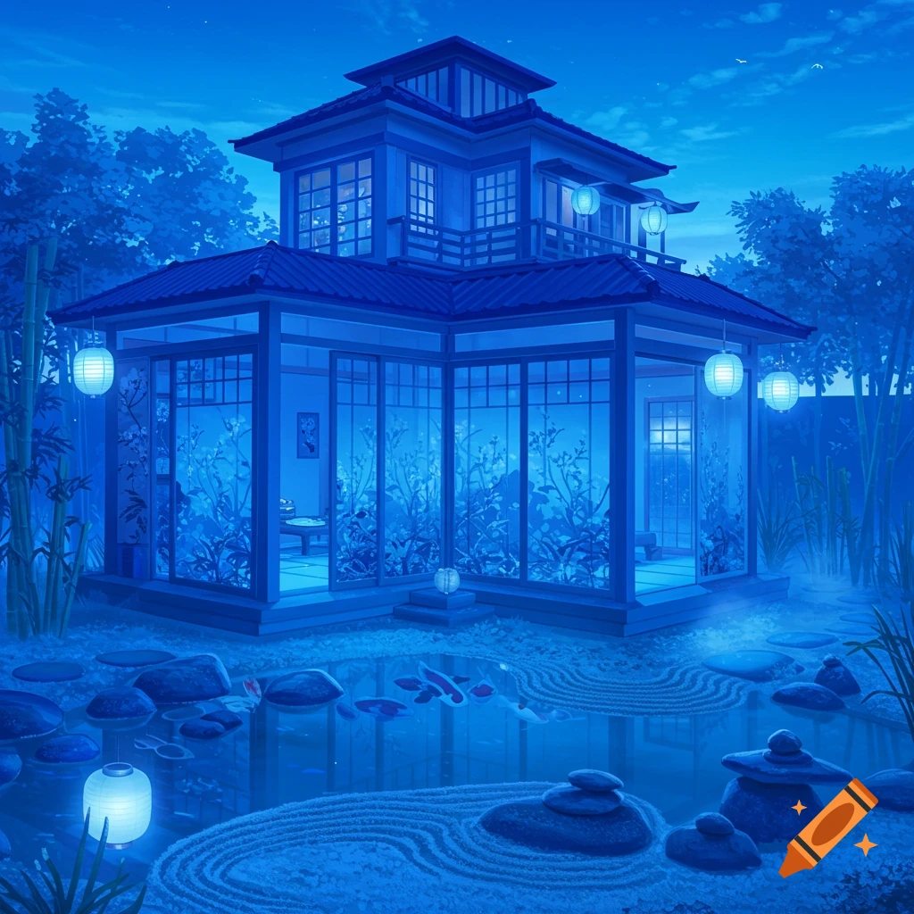 A serene blue-toned Japanese-style house with a garden, pond, and illuminated lanterns under a night sky.