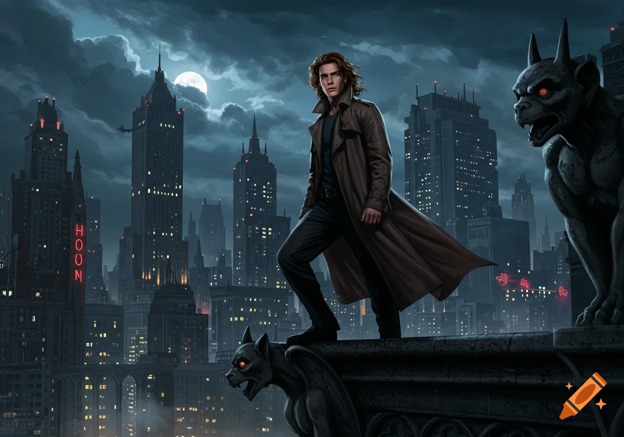Man in trench coat standing on a gargoyle on a city rooftop at night with a full moon and skyscrapers. Digital art.