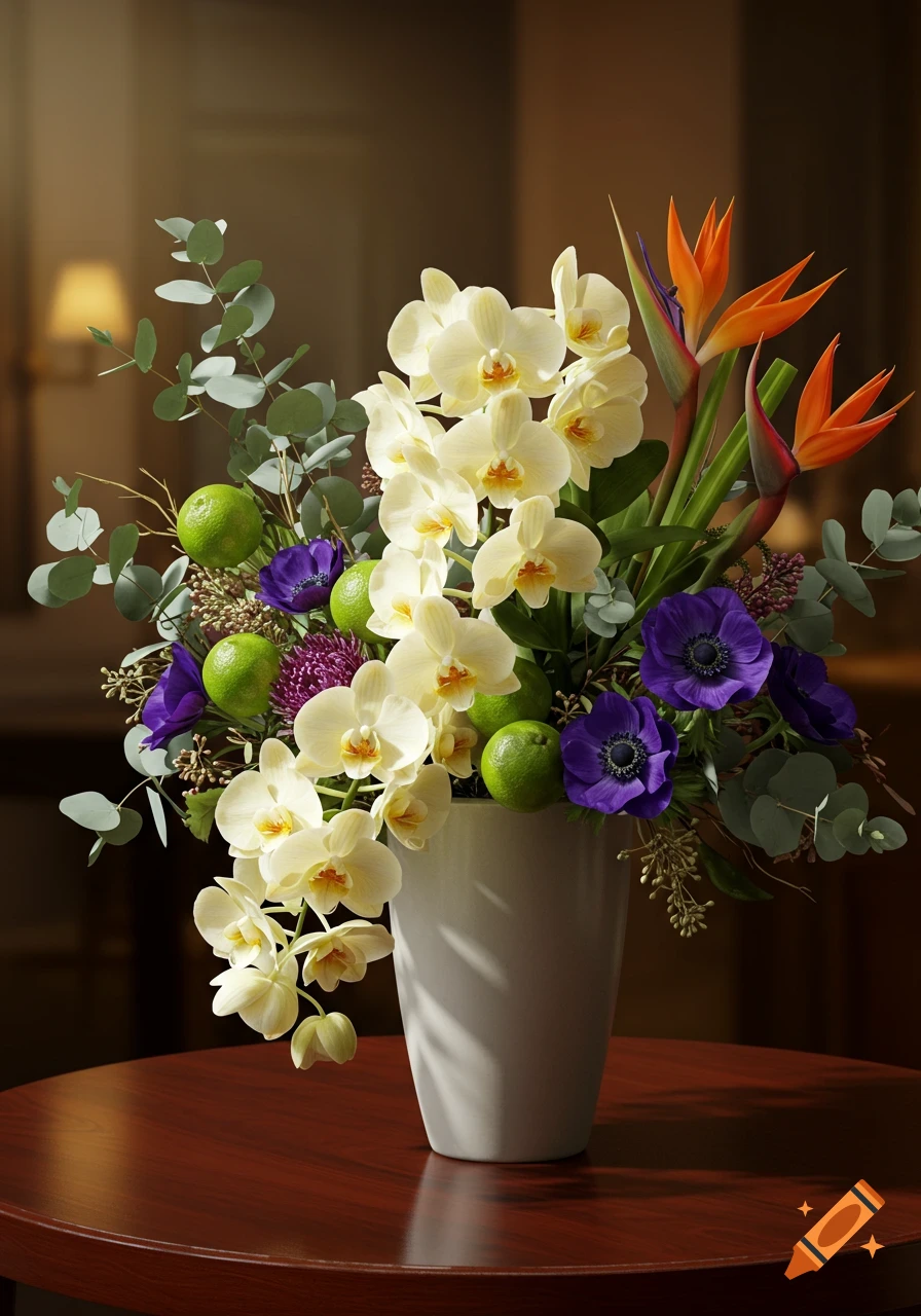 Vibrant photorealistic floral arrangement with yellow orchids, purple anemones, orange bird of paradise, and green limes in a white vase on a wooden table.