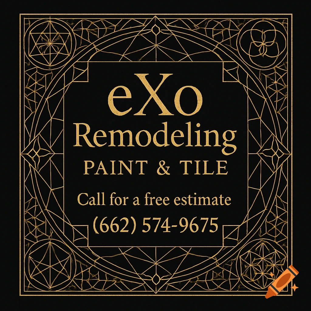 A gold and black logo for eXo Remodeling featuring a geometric border and contact information.