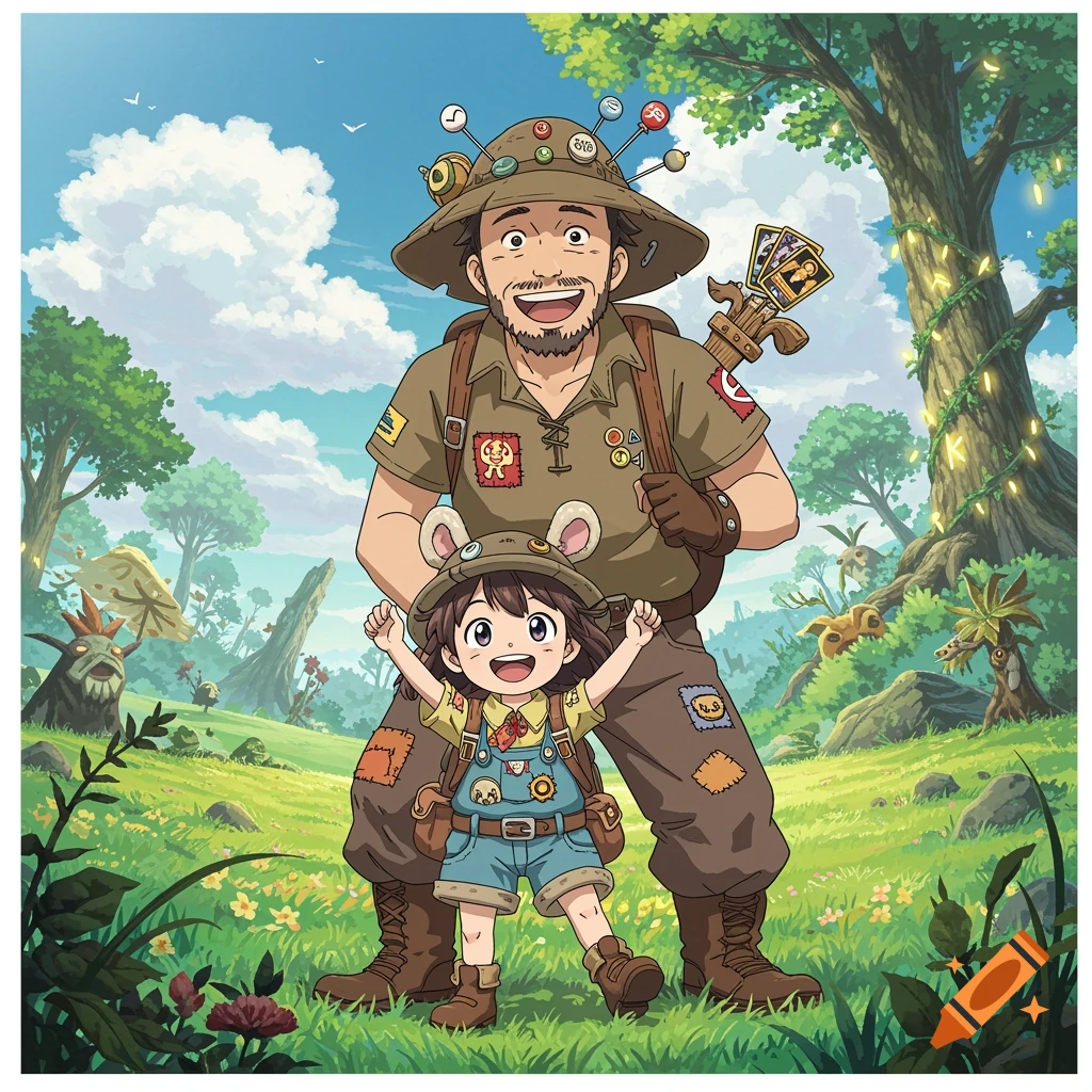 Anime illustration of a smiling father and daughter adventurers with trading cards, standing in a lush, magical forest.