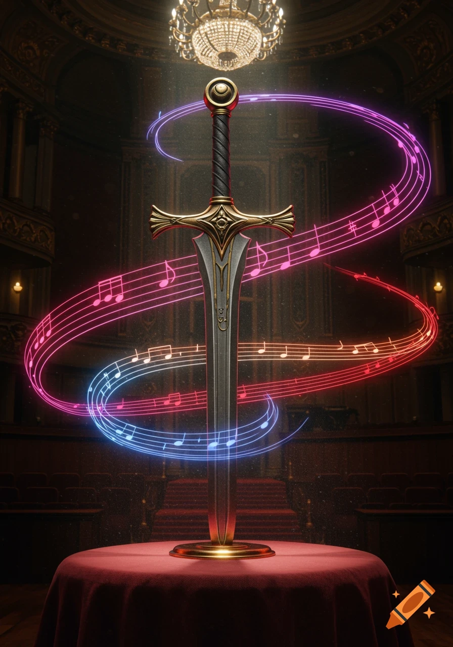 A stylized golden and silver sword stands on a red draped table in an opera house, surrounded by swirling neon musical notes.