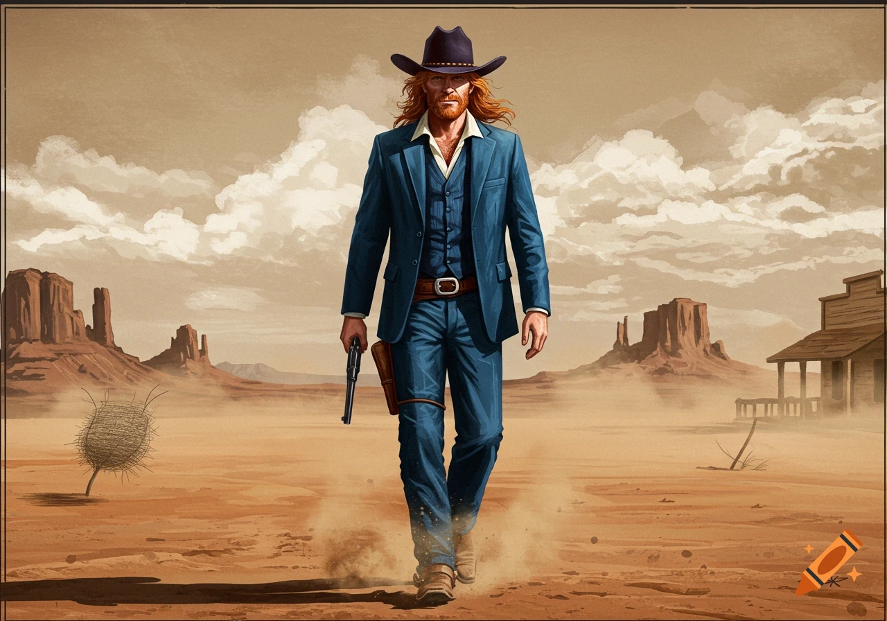 A red-haired cowboy in a blue suit walks through a dusty desert with mesas and an old Western building.