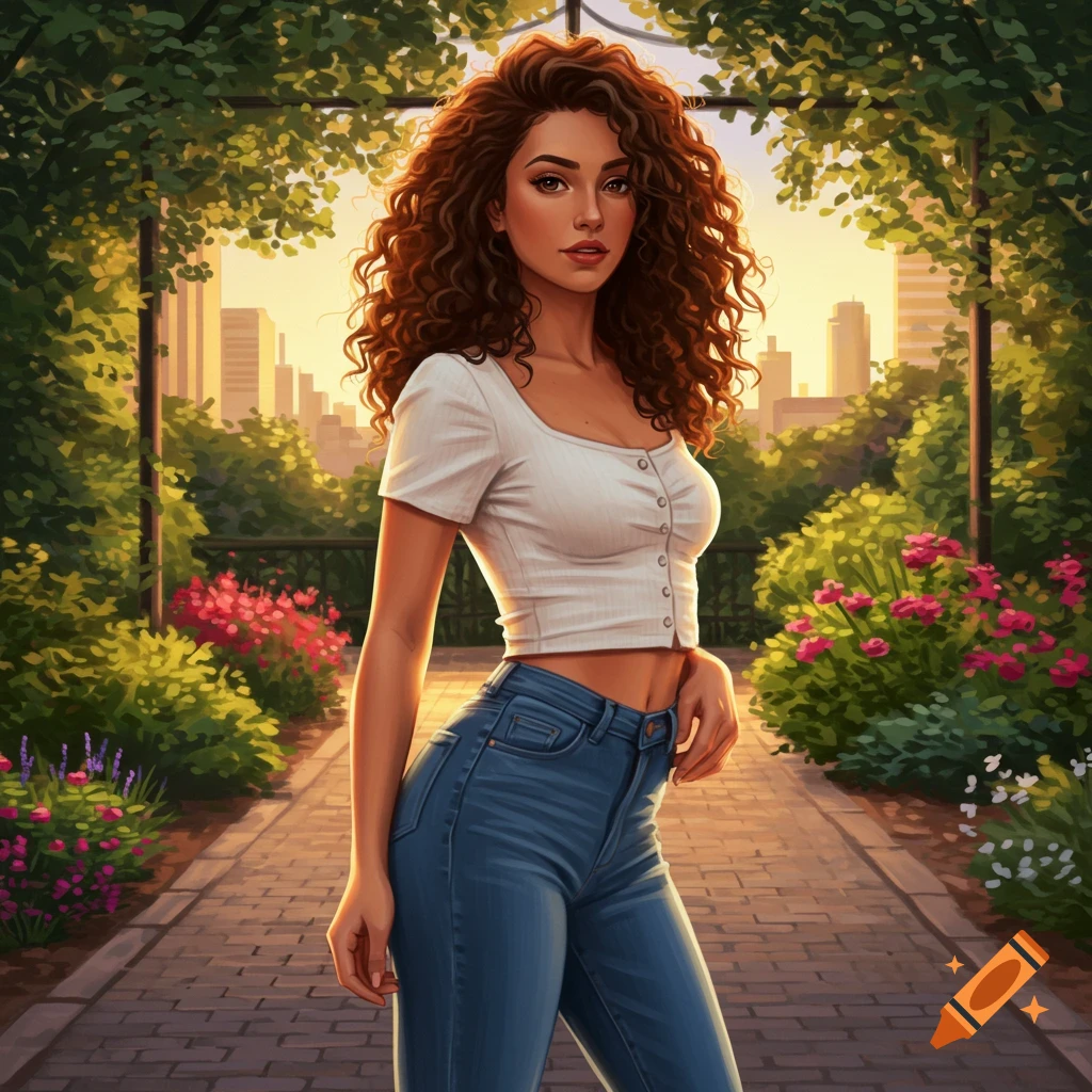 Digital illustration of a woman with curly brown hair in a white crop top and jeans, standing on a park path with city background.
