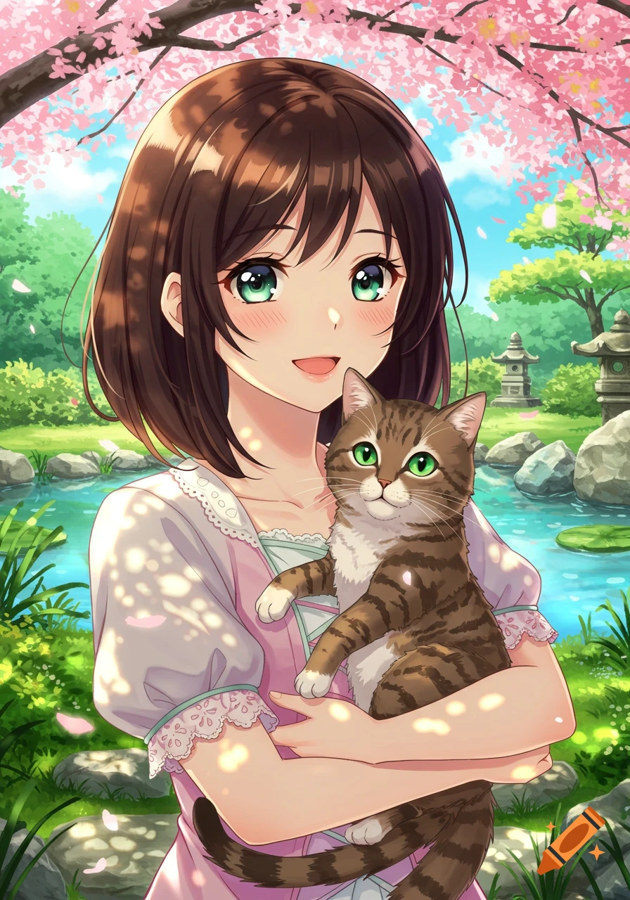 Anime girl with brown hair holding a tabby cat in a cherry blossom garden with a pond.
