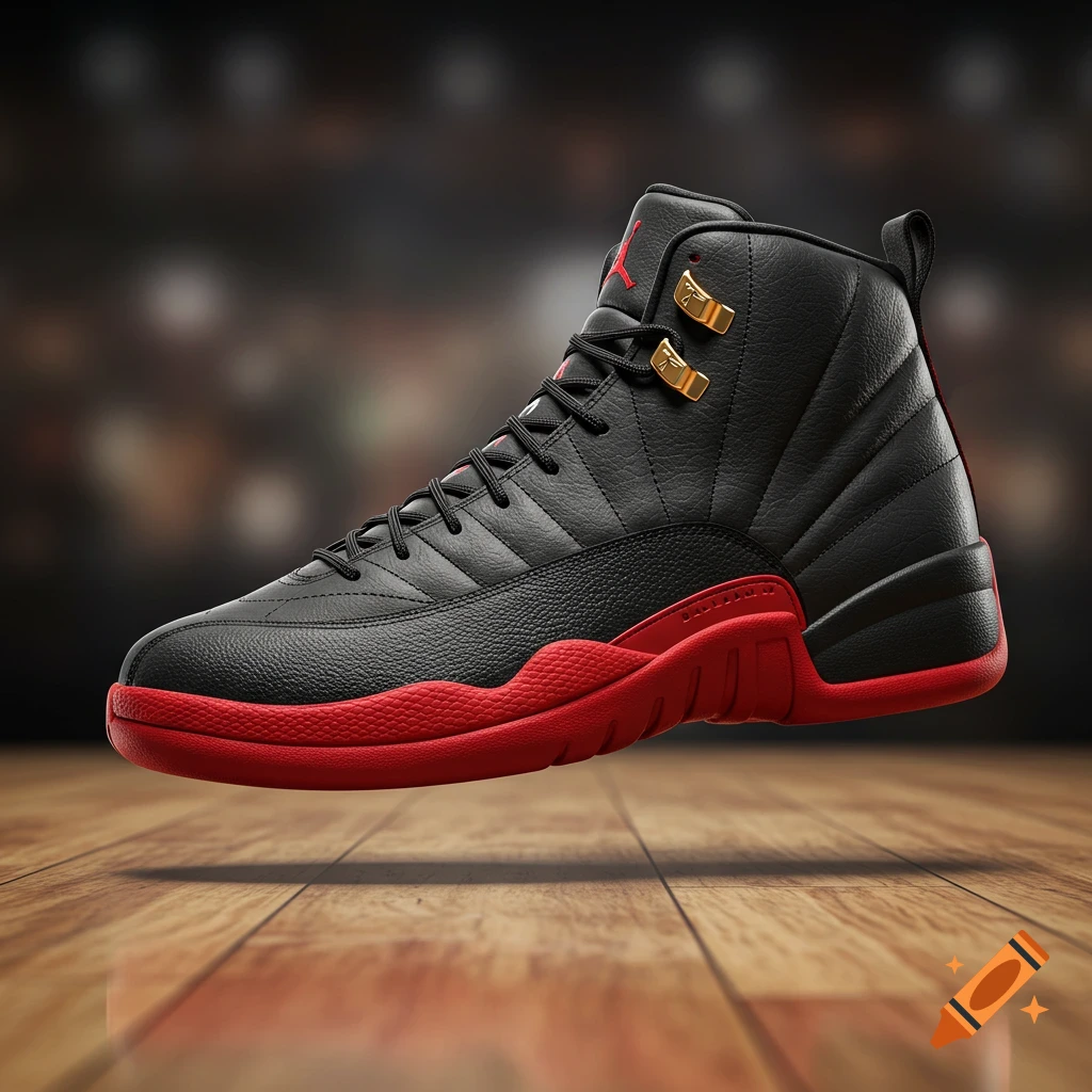 A black and red Air Jordan 12 sneaker with gold accents floating above a wooden basketball court floor.