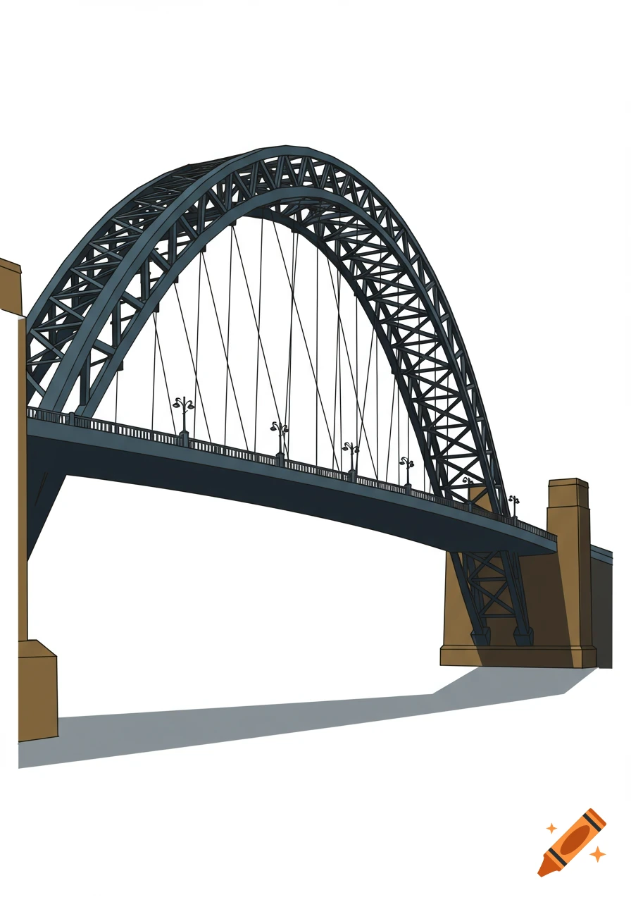 A vector diagram of an arched steel bridge with a blue structure and brown supports, casting a shadow on a white background.