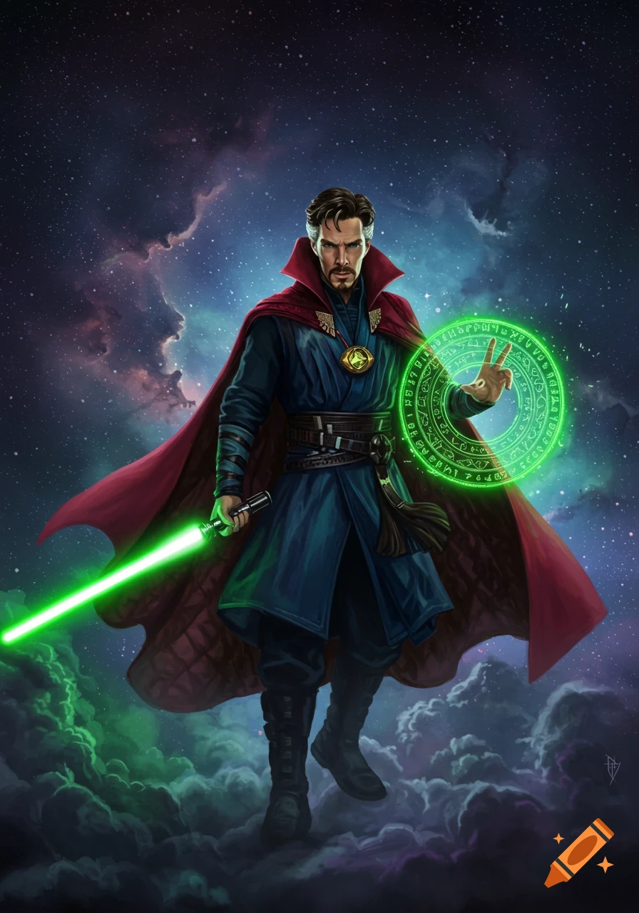 Doctor Strange in a blue tunic and red cape holds a green lightsaber and casts a glowing green magic spell in space.