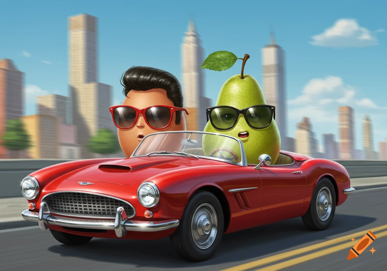 An anthropomorphic brown egg with Elvis hair and sunglasses drives a red sports car with a green pear passenger, against a city backdrop.