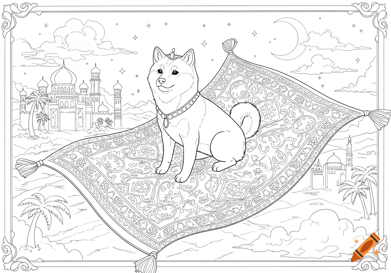 Black and white line drawing of a Shiba Inu on a magic carpet flying over a desert city at night for a coloring book.