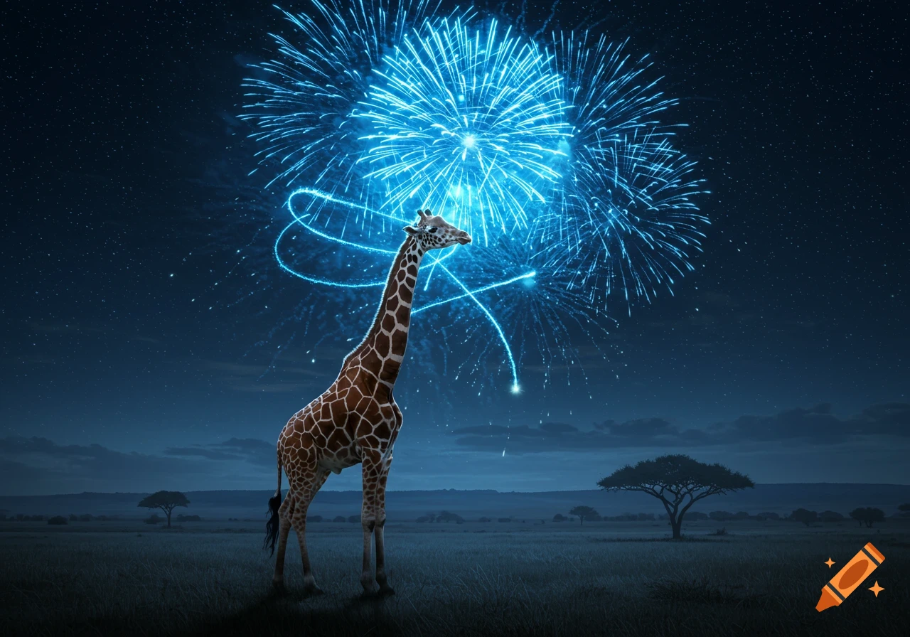 A giraffe stands in a savanna at night, looking up at a giant blue firework explosion in the starry sky.