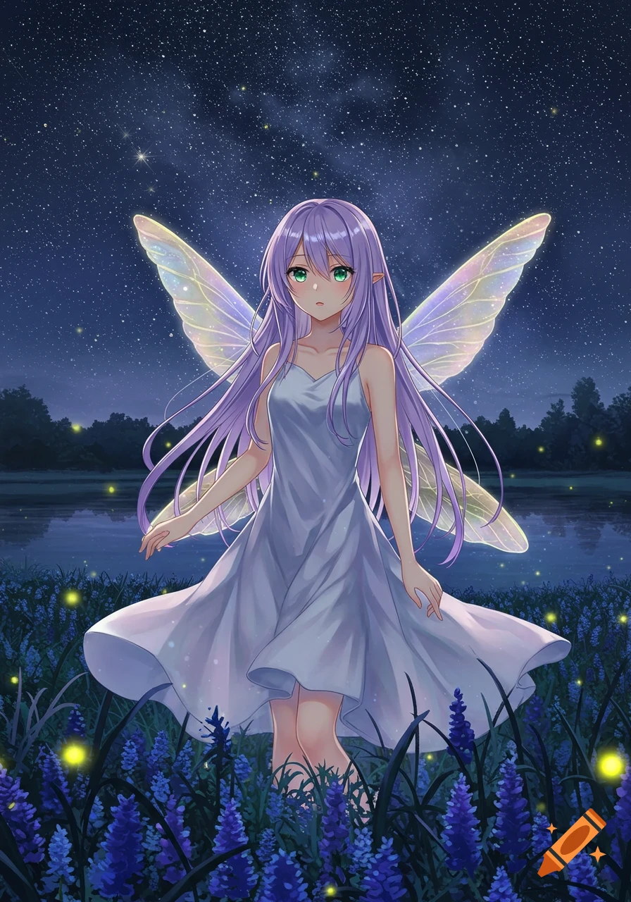 An anime fairy with purple hair and green eyes, translucent wings, stands in a field of glowing blue flowers under a starry night sky.