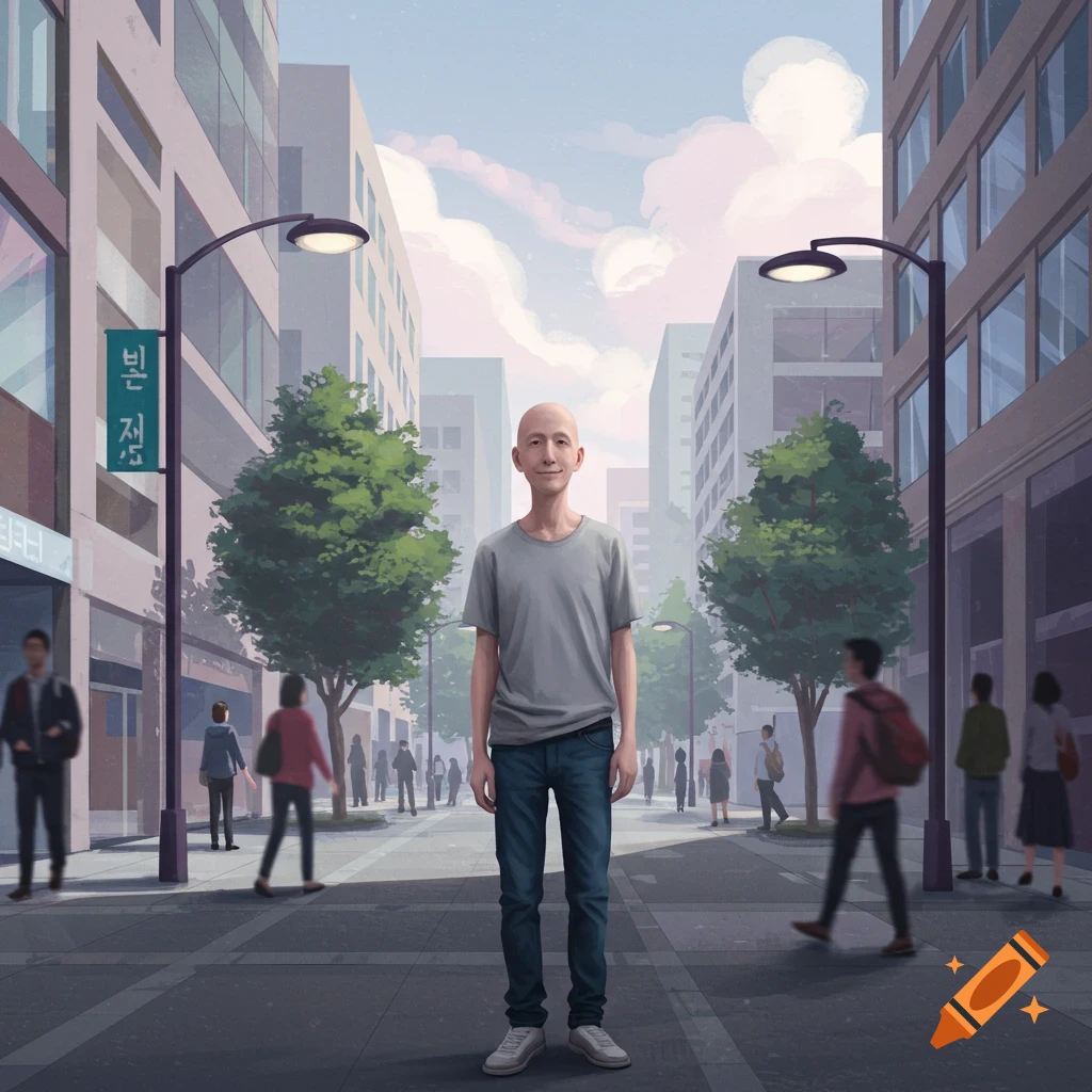 A bald man in a grey t-shirt and jeans stands on a city street between two streetlights, surrounded by buildings and blurred people, in a stylized illustration.