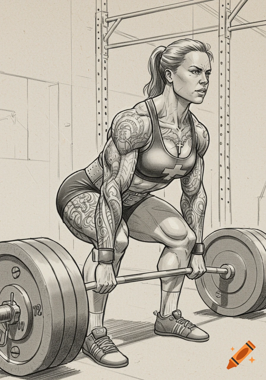 A stylized sketch of a muscular woman with tattoos performing a deadlift in a gym.