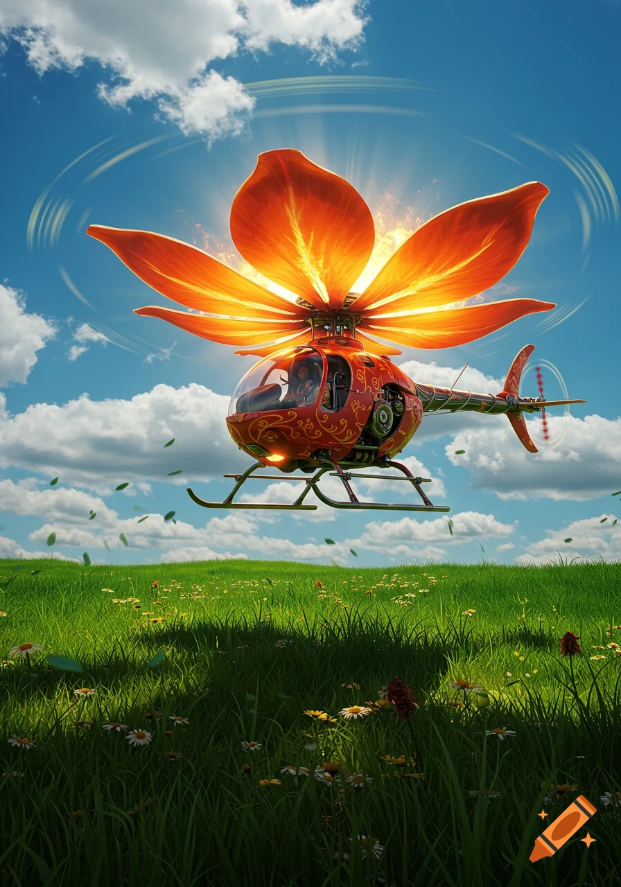 A red helicopter with glowing orange flower petals as rotors flies over a green field under a blue sky.