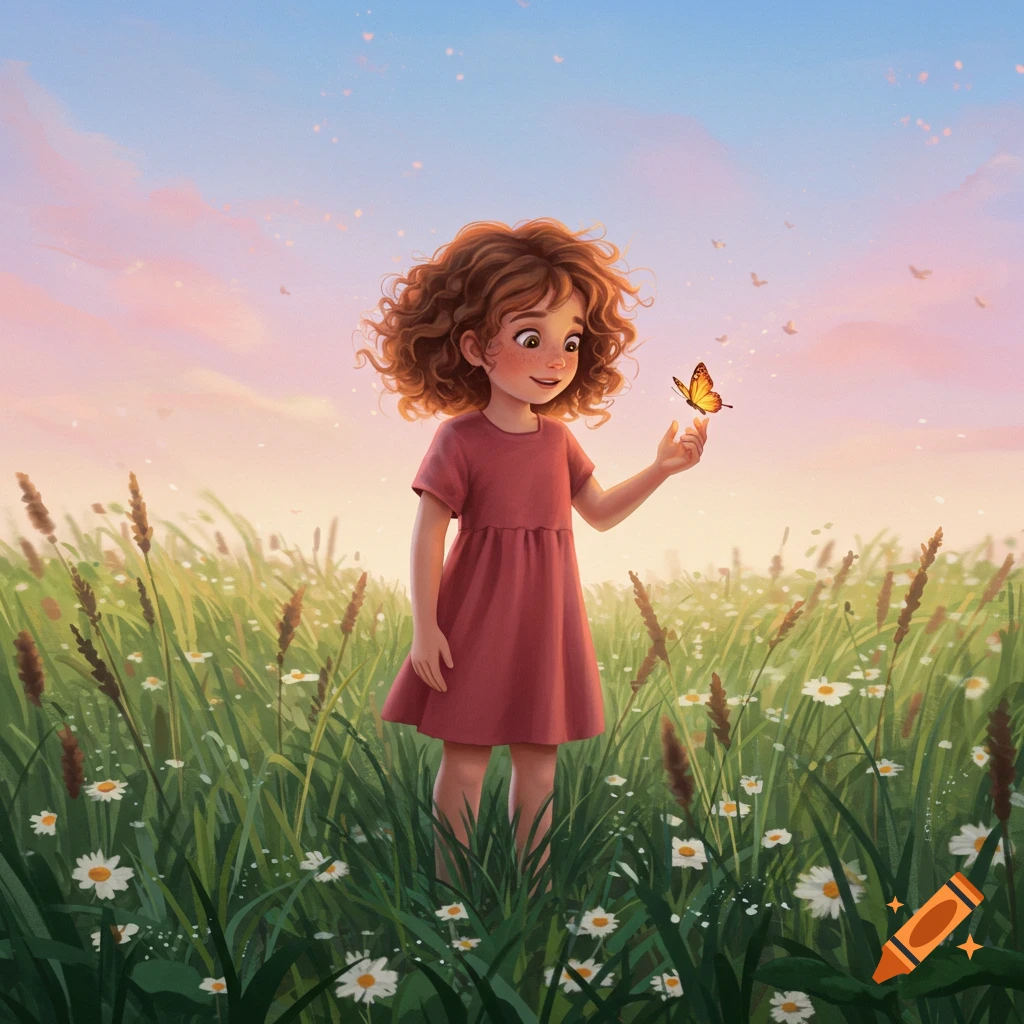 A young girl with curly red hair in a pink dress stands in a field of green grass and white daisies, looking at a butterfly on her finger.