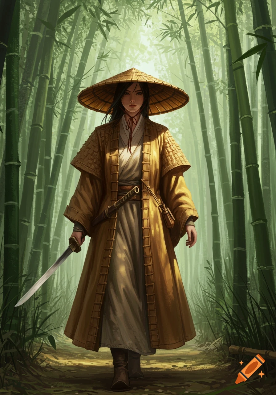 A female wuxia warrior in a conical hat and golden cloak walks through a sunlit bamboo forest, holding a sword.