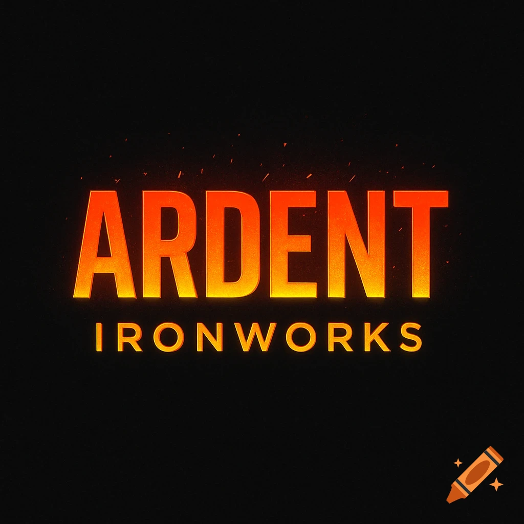 A black background with glowing orange and yellow text forming the wordmark 'ARDENT IRONWORKS', with small sparks around the letters.