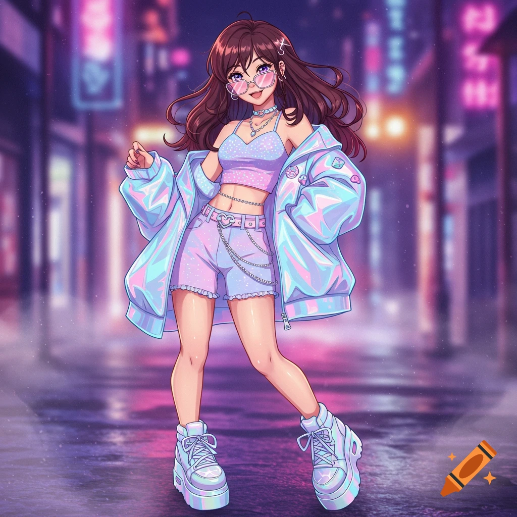An anime girl with long dark hair, wearing pink glasses, a pastel crop top, shorts, and an iridescent oversized jacket, stands on a city street at night.