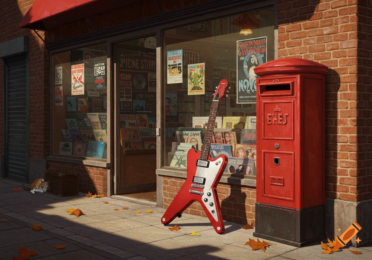 A red electric guitar leans against a red mailbox outside a record store on a sunlit street with fallen leaves and a cat.