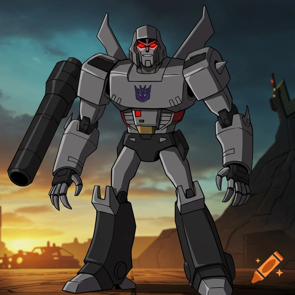 Megatron from Transformers Animated stands with glowing red eyes and a large cannon arm against a sunset sky.