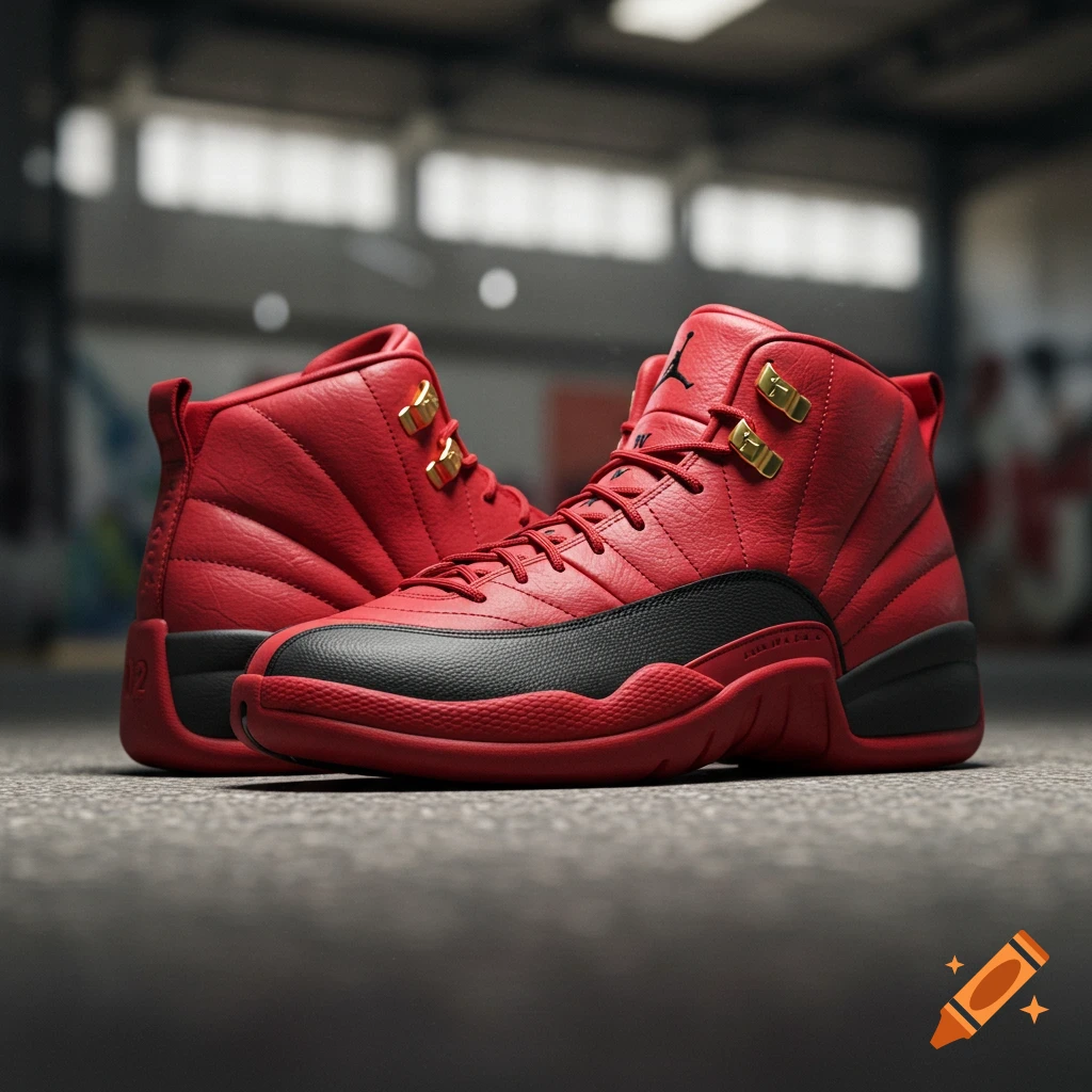 A pair of red and black Air Jordan 12 sneakers with gold accents on a concrete floor in a warehouse setting.