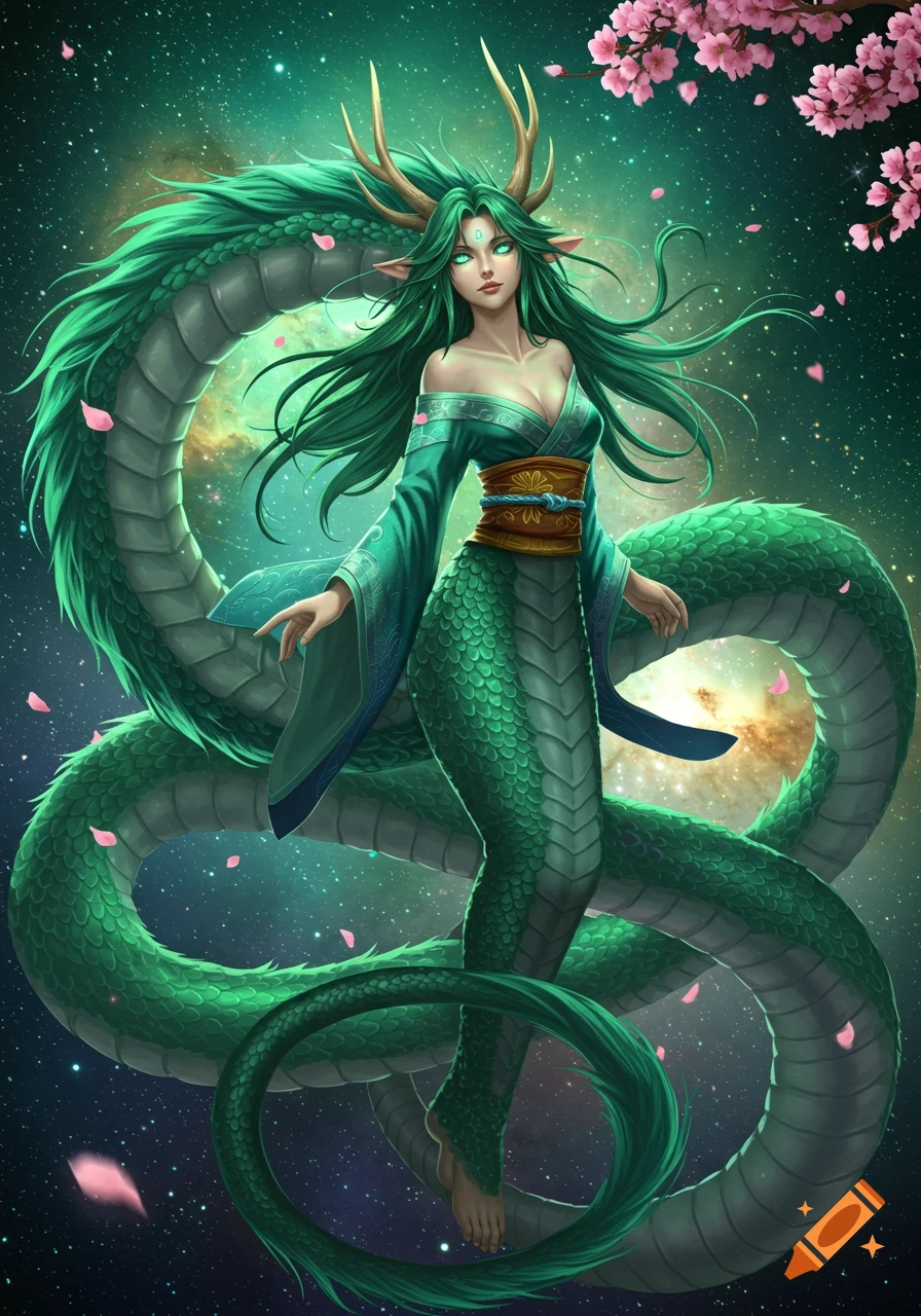 A green-haired fantasy woman with antlers and a dragon tail wears a kimono against a starry sky with cherry blossoms.