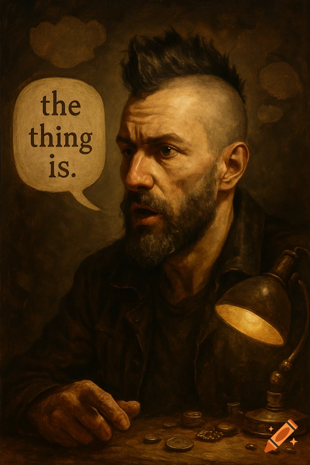 Painterly portrait of a man with a beard and mohawk, with a speech bubble saying "the thing is" next to his head.