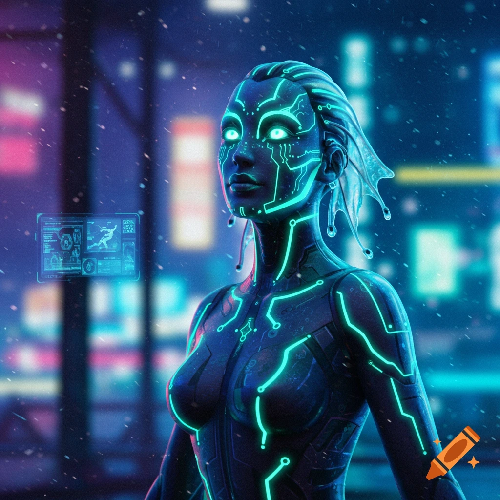 A neon-glowing cyborg figure with circuit patterns stands in a futuristic cyberpunk city with a holographic display.