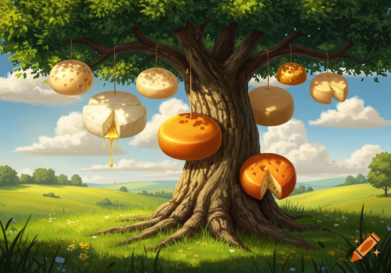 A tree with various cheese wheels hanging from its branches like fruit, in a sunny green landscape.