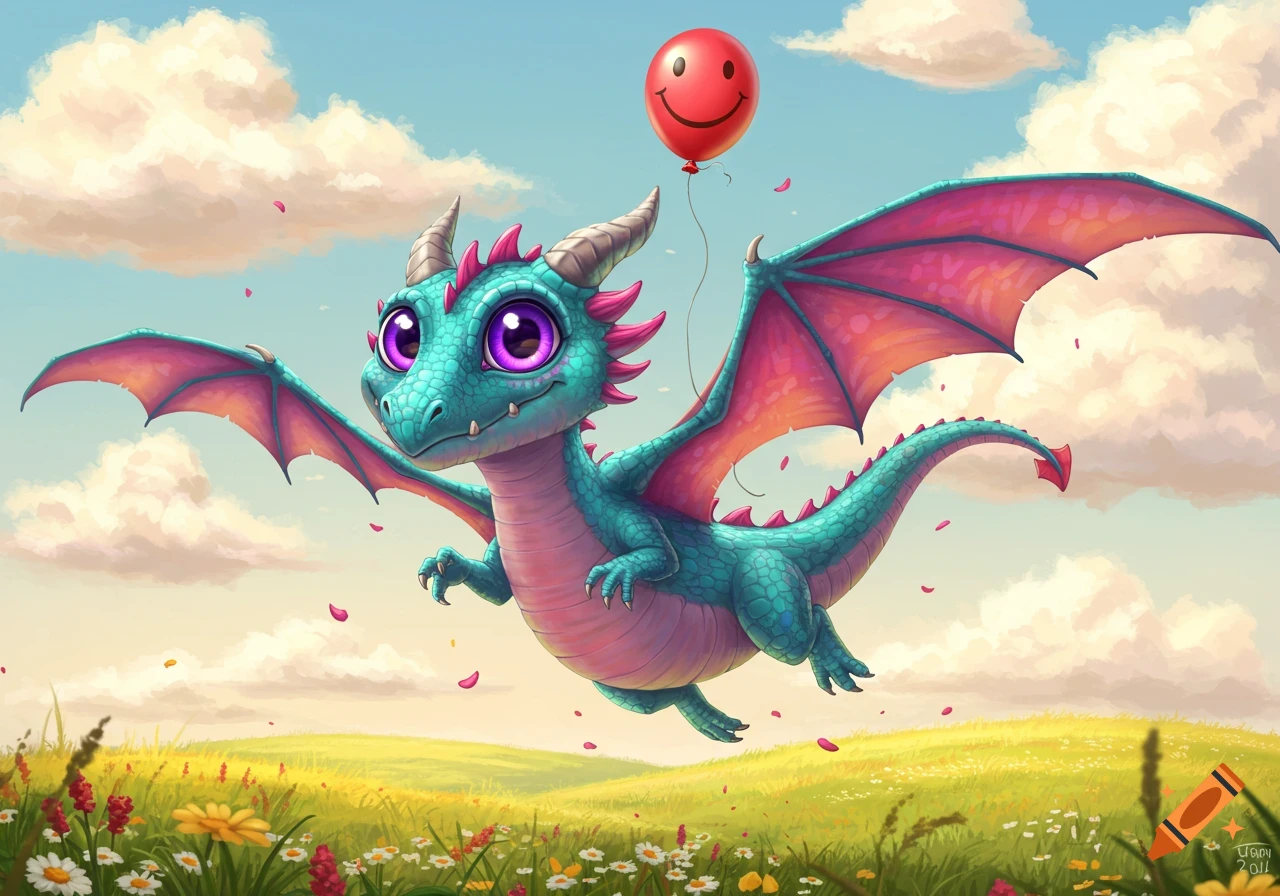 A cute blue and pink cartoon dragon with large purple eyes flies over a green field with wildflowers, holding a red smiley face balloon.