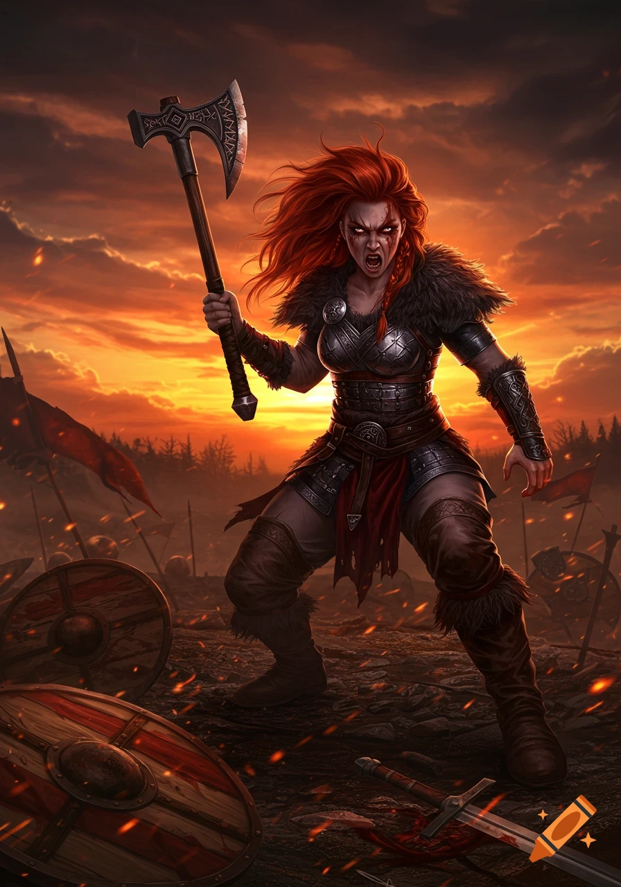A red-haired female warrior with an axe on a battlefield at sunset, wearing armor with an angry expression.