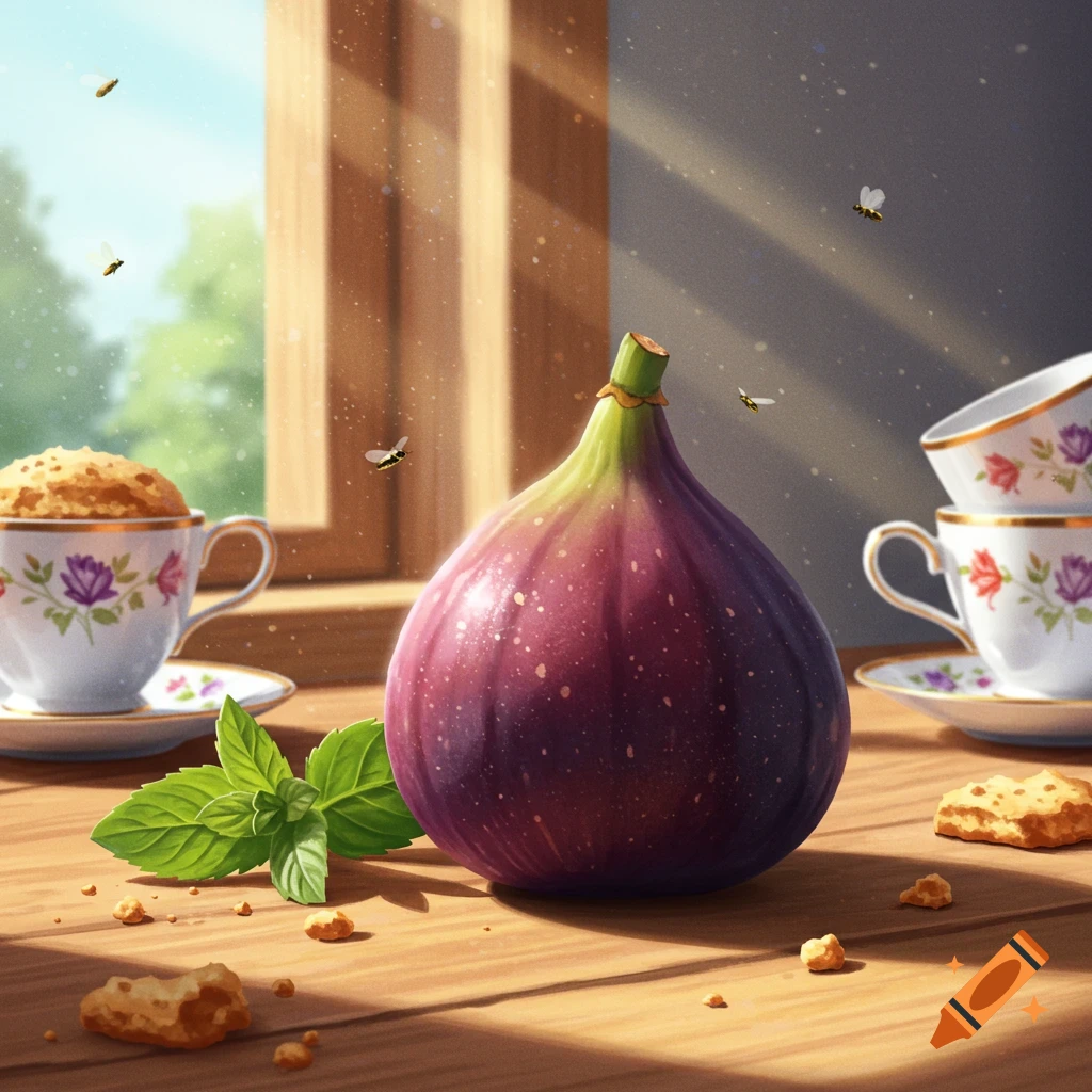 A vibrant purple fig, green mint leaves, and cookie crumbs on a sunlit wooden table with tea cups and bees in a photorealistic style.