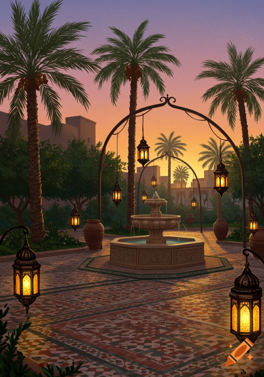 An elegant courtyard with a stone fountain, tall palm trees, and ...