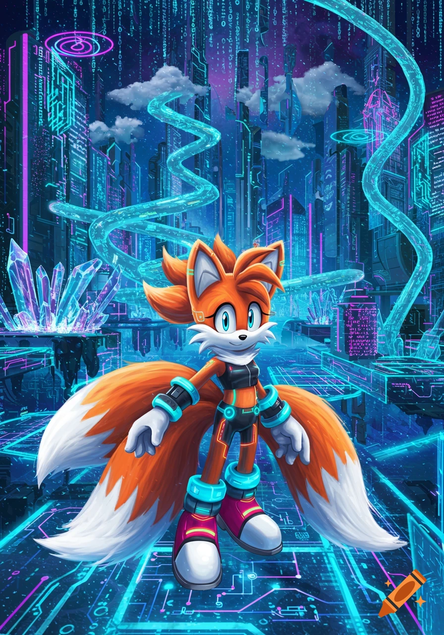 An orange anthropomorphic fox with two tails in black and teal futuristic gear stands in a vibrant blue and purple cyberpunk city with digital code patterns.