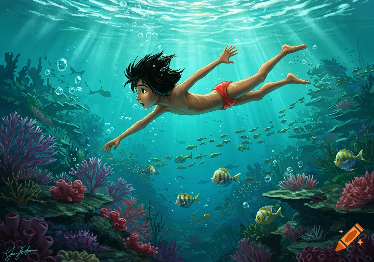 A boy resembling Mowgli swims underwater in red shorts, surrounded by colorful coral reefs and schools of fish, depicted in a vibrant cartoon style.