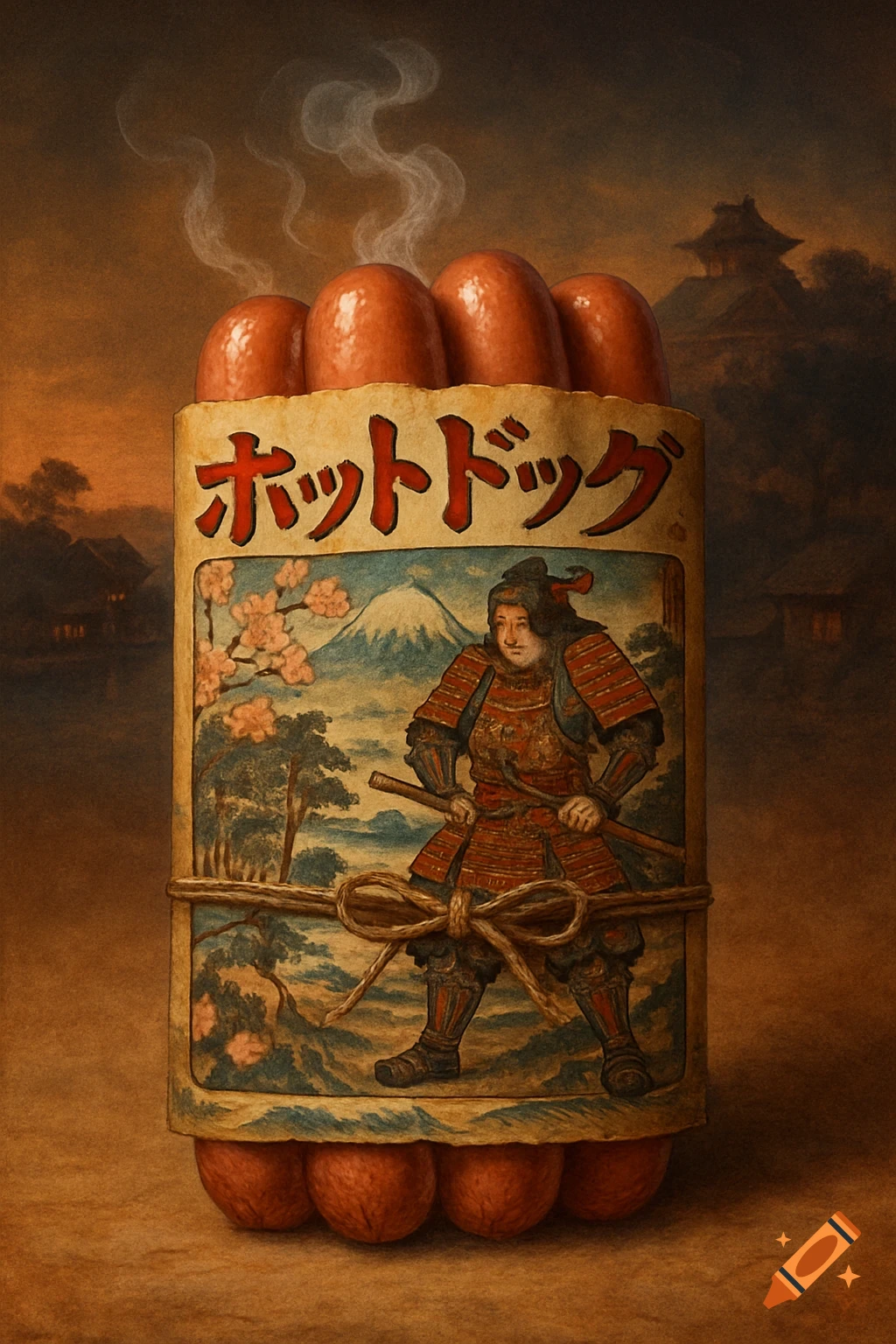 A pack of hot dogs with traditional Japanese Edo period style packaging, featuring a samurai and Mount Fuji.