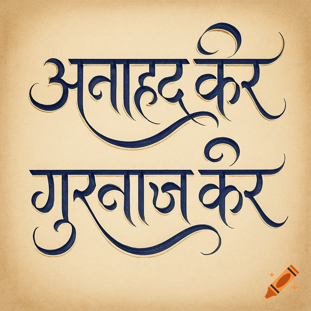 Beautiful Punjabi calligraphy text 'ਅਨਾਹਦ ਕੌਰ ਗੁਰਨਾਜ਼ ਕੌਰ' on a textured beige background.