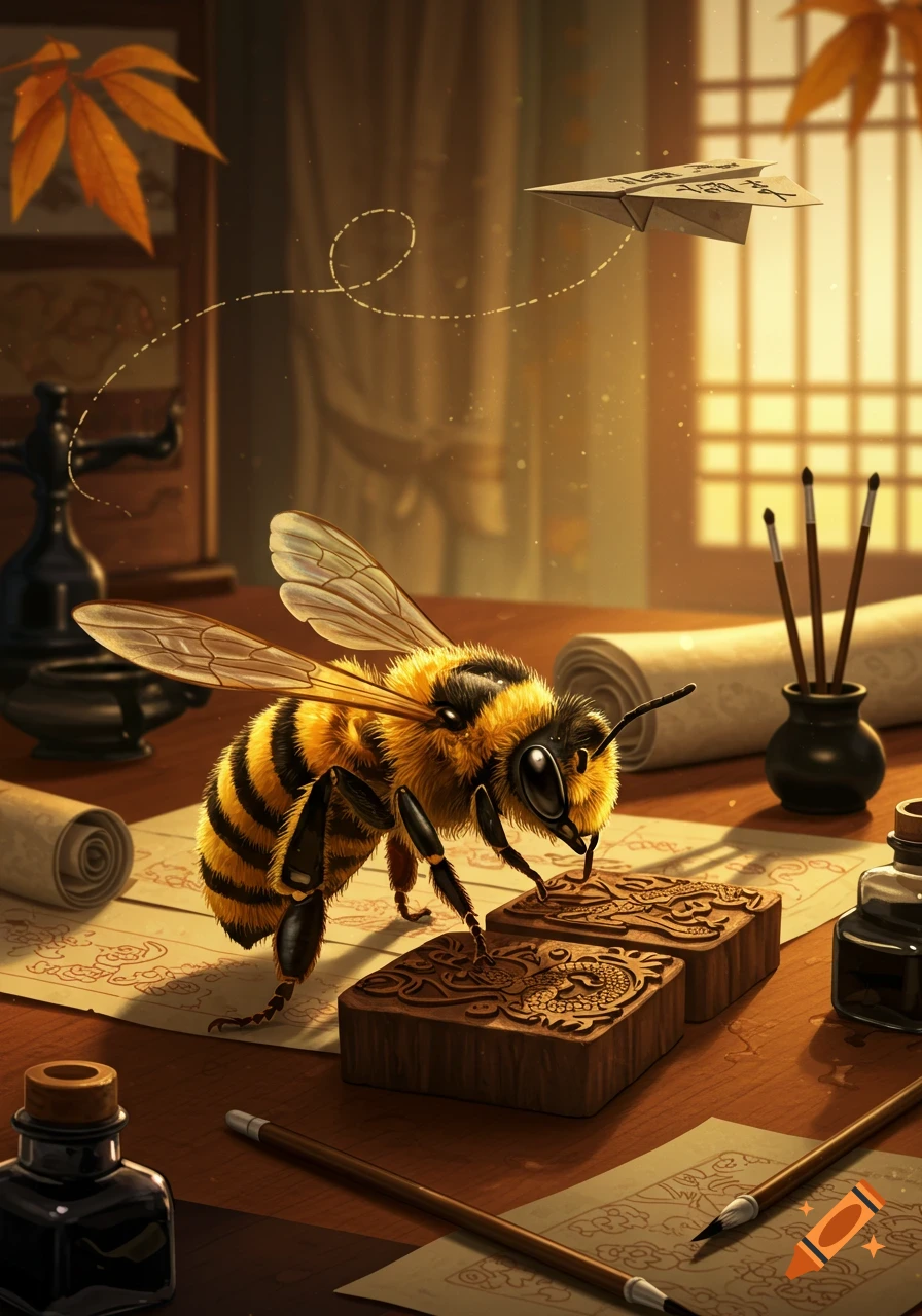 A detailed illustration of a bee on a wooden desk with traditional Chinese printing blocks, ink, and brushes, as a paper airplane flies above.