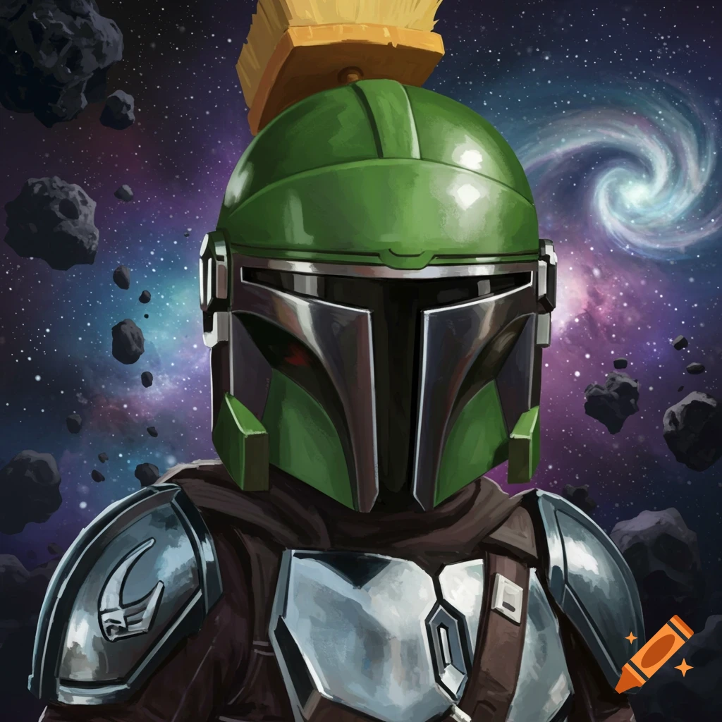 A character with a green Mandalorian helmet topped by a yellow brush, in a space setting with asteroids and a galaxy.