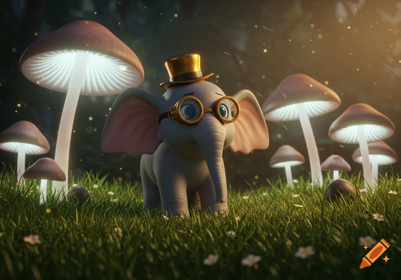A whimsical baby elephant wearing steampunk goggles and a top hat stands among glowing mushrooms in a magical forest.