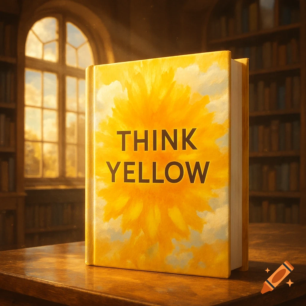 A book titled "THINK YELLOW" with a yellow sunburst design, sits on a wooden table in a sunlit room with a window and bookshelves.